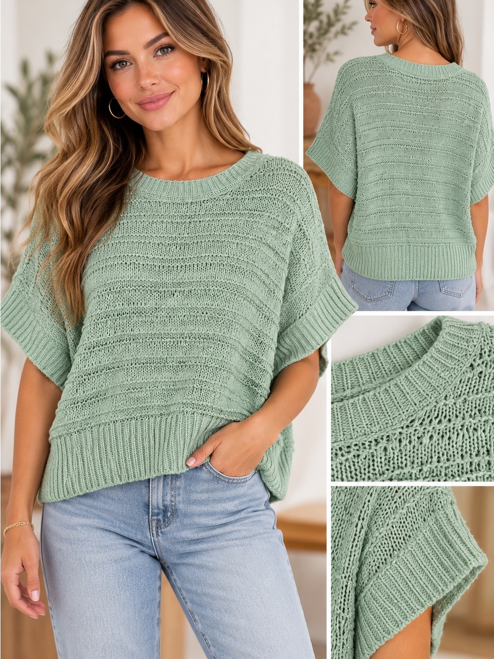 Light Sage Open-Knit Crewneck Pullover Sweater